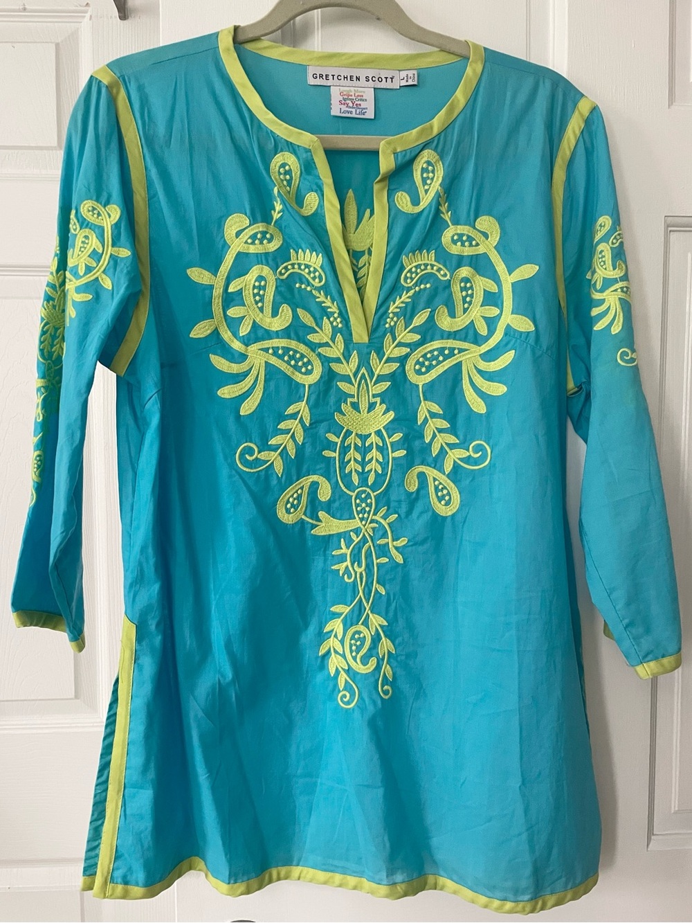 Gretchen Scott Embroidered Turquoise Tunic with Lime Accents